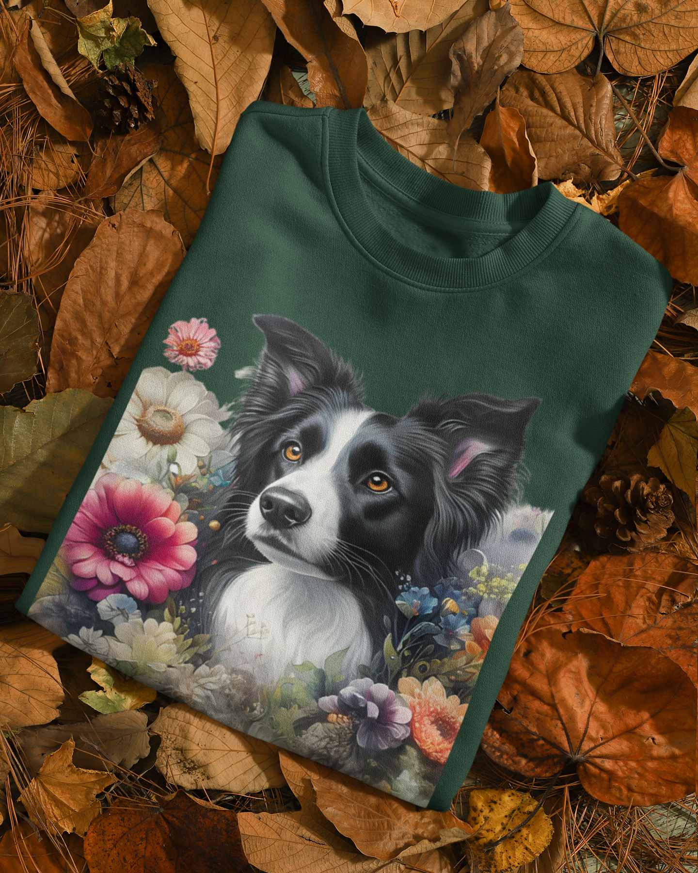 Detailansicht Border Collie Portrait mit Blumen – hochwertiger DTF-Druck auf Sweatshirt