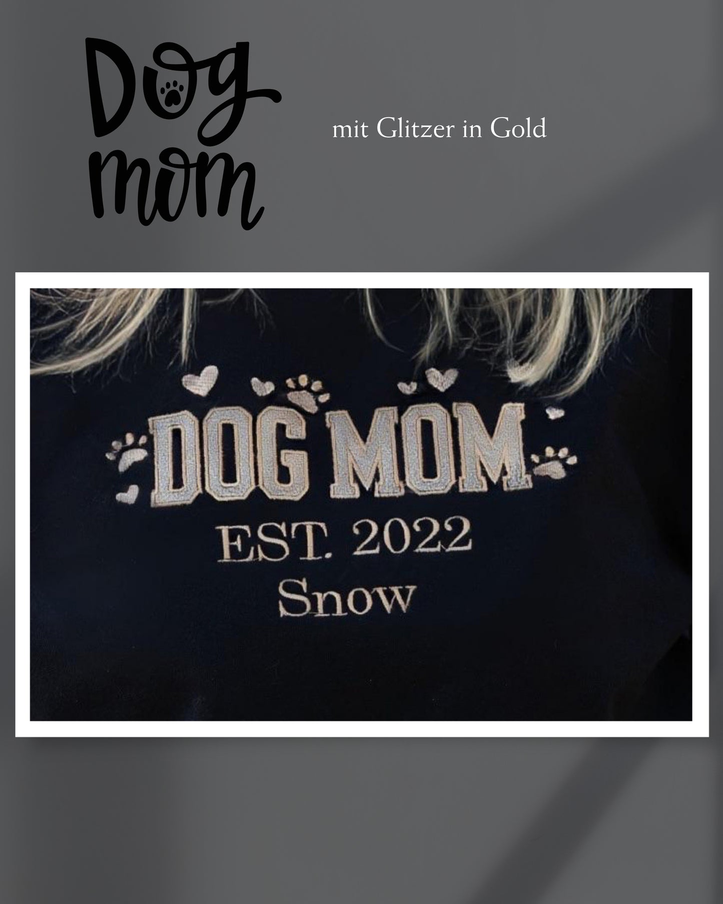 Personalisiertes "Dog Mom" Sweatshirt mit Namen – Bestickt mit Liebe & Glitzer-Gold veredelt