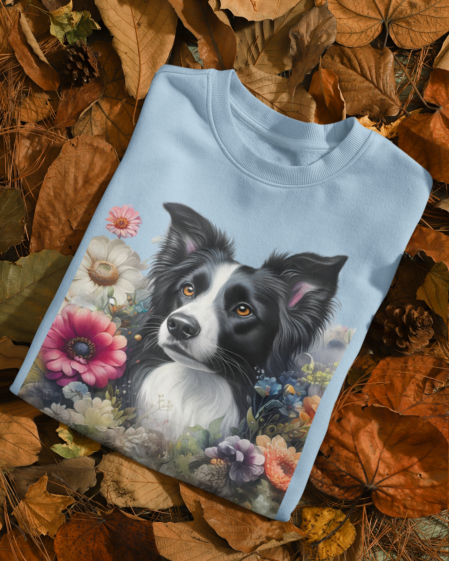 Detailansicht Border Collie Portrait mit Blumen – hochwertiger DTF-Druck auf Sweatshirt