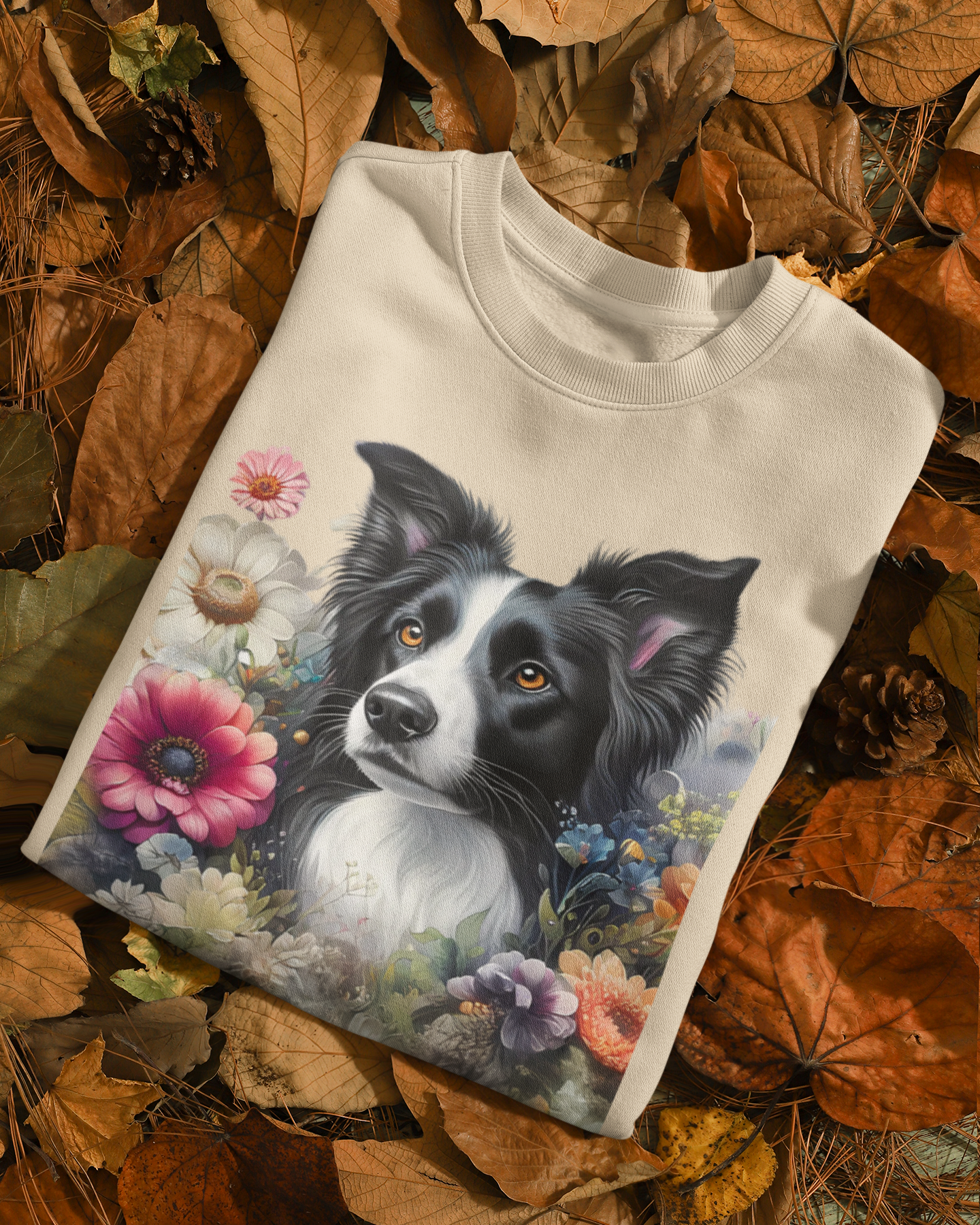 Detailansicht Border Collie Portrait mit Blumen – hochwertiger DTF-Druck auf Sweatshirt