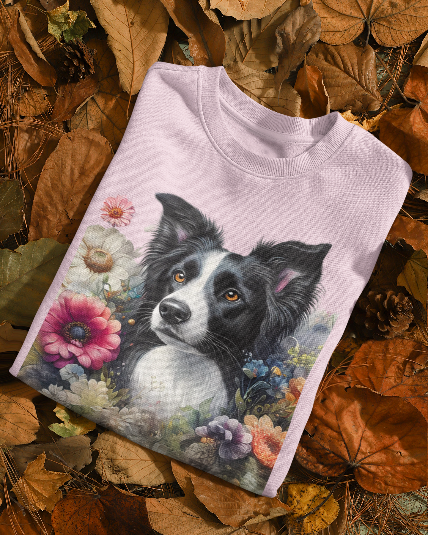 Detailansicht Border Collie Portrait mit Blumen – hochwertiger DTF-Druck auf Sweatshirt