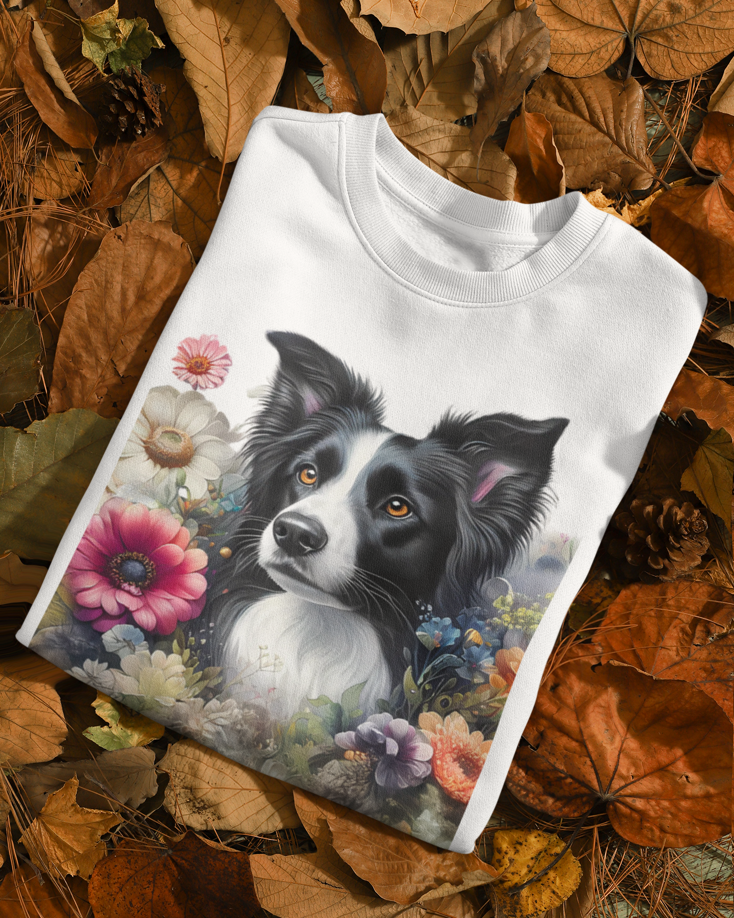 Detailansicht Border Collie Portrait mit Blumen – hochwertiger DTF-Druck auf Sweatshirt