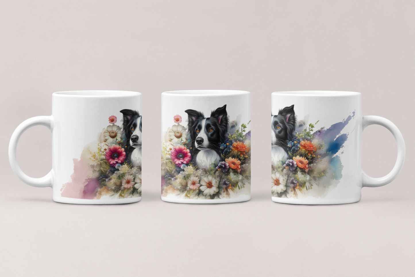 Tasse mit Border Collie Portrait und Blumenmotiv