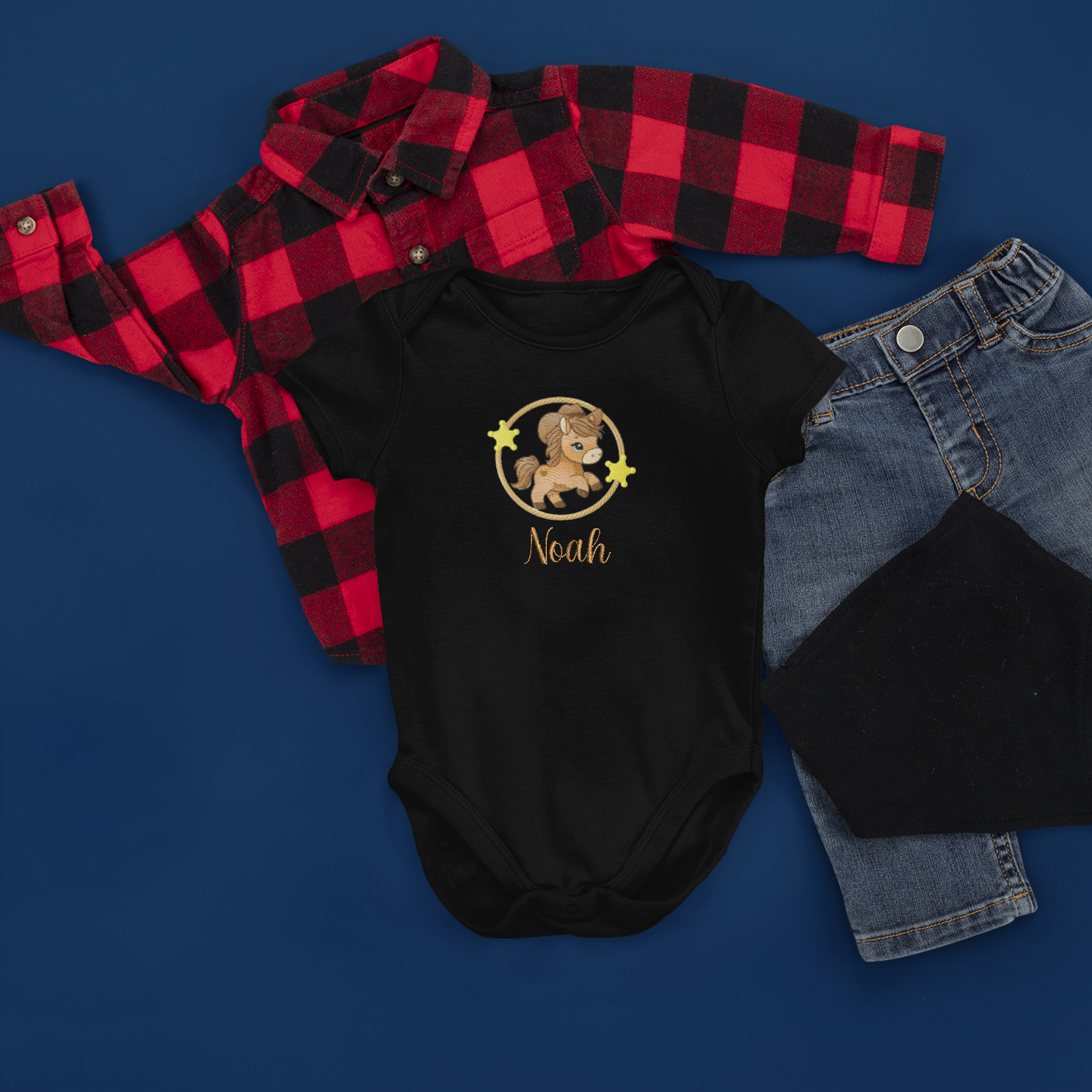 Schwarzer Baby-Body, bestickt mit Pony-Motiv, Sterne und personalisiertem Namen