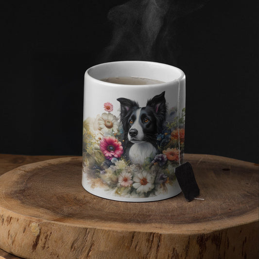 Tasse mit Border Collie Portrait und Blumenmotiv