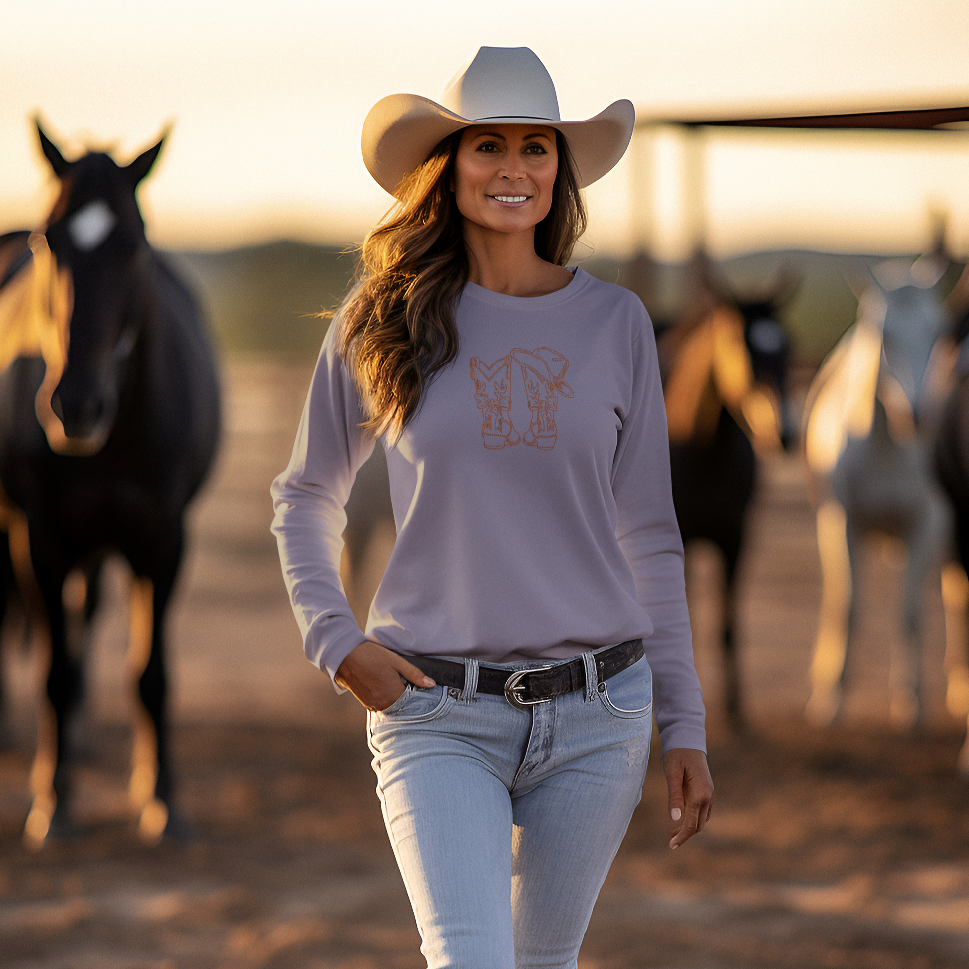 Frau trägt lila Sweatshirt mit brauner Stickerei von Cowboy-Stiefeln und Hut