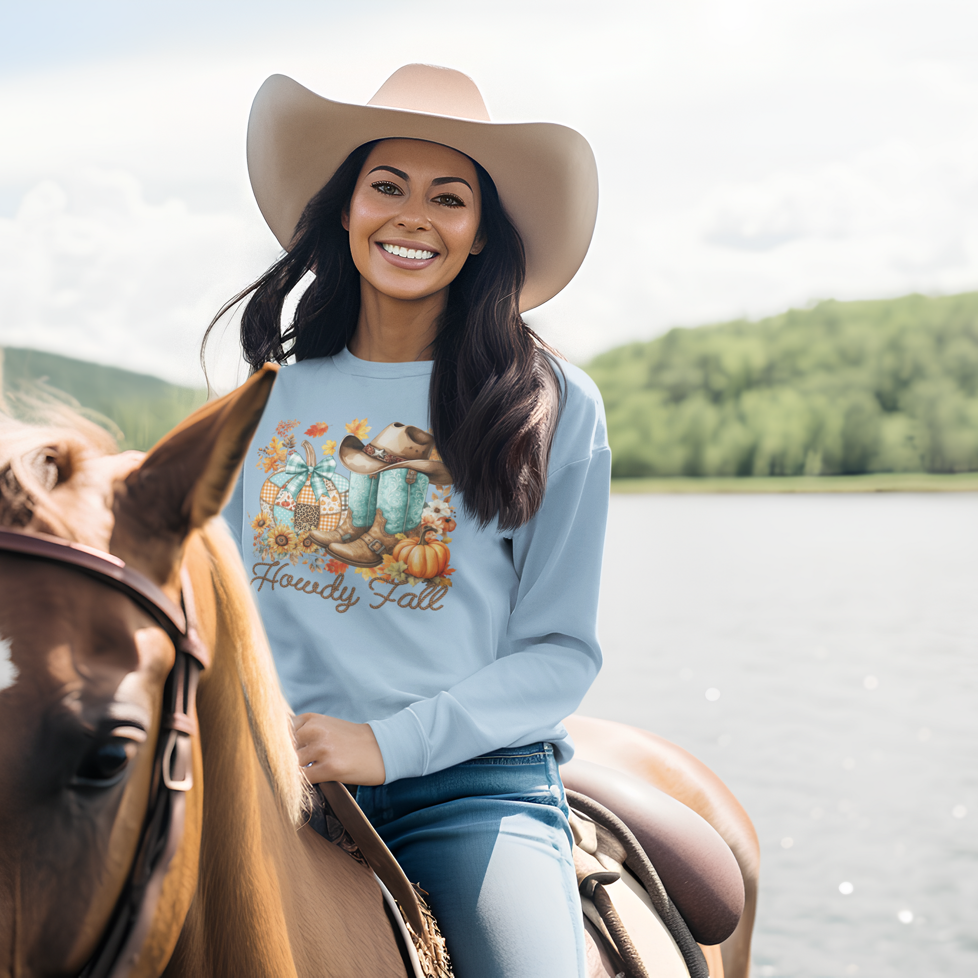 Blaues Howdy Fall Sweatshirt mit Western-Print – gemütlicher Pullover im Country-Style