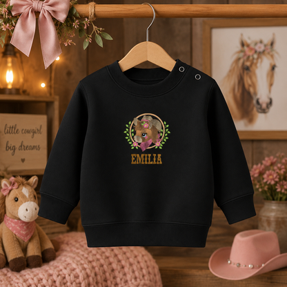 Besticktes Kinder-Sweatshirt mit individuellem Namen und Pferdemotiv, Farbe Schwarz 