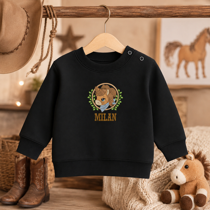 Besticktes Kinder-Sweatshirt mit individuellem Namen und Pferdemotiv, Farbe schwarz