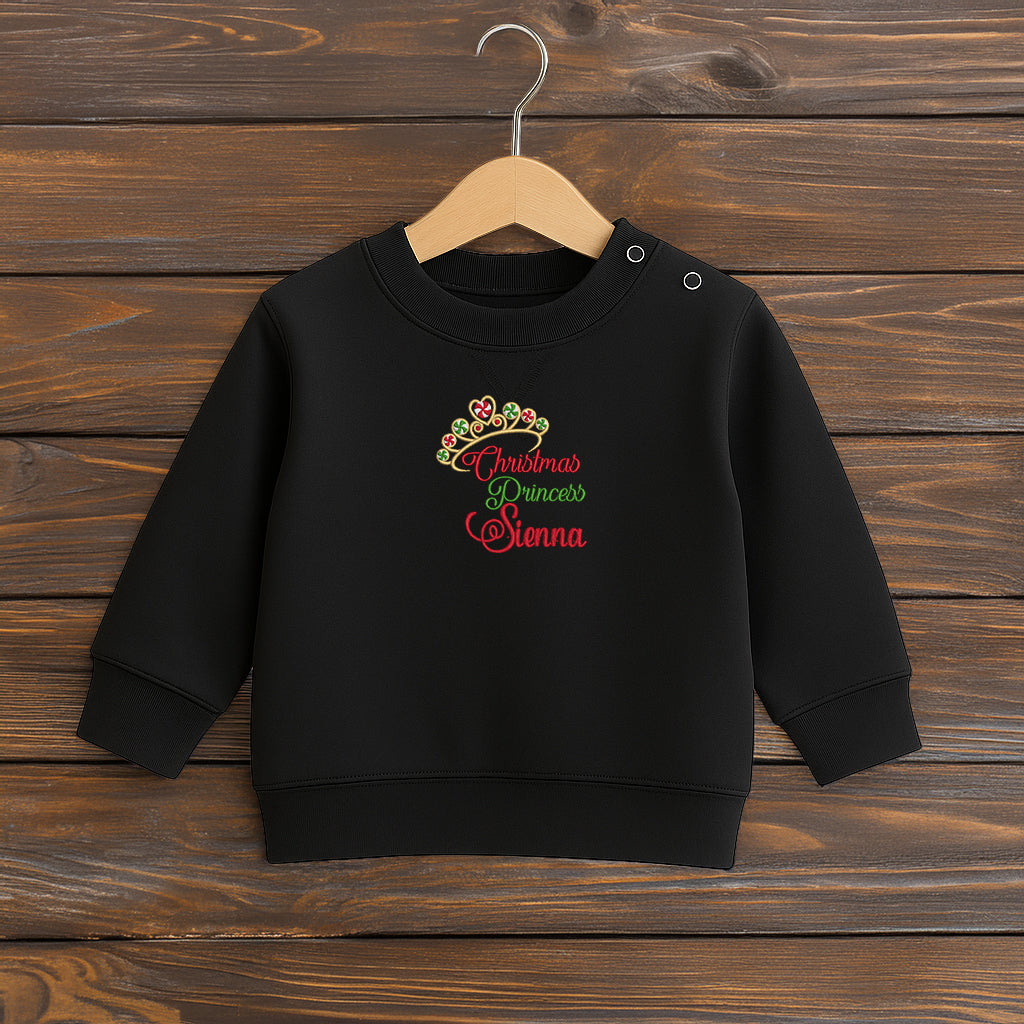 Schwarzes Kinder-Sweatshirt mit bunter Weihnachts-Stickerei ‚Christmas Princess und Krone, festliches Outfit für Mädchen, personalisiert