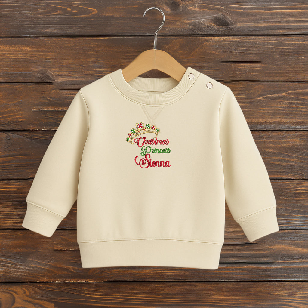 Natur Kinder-Sweatshirt mit bunter Weihnachts-Stickerei ‚Christmas Princess und Krone, festliches Outfit für Mädchen, personalisiert