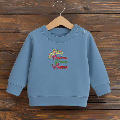 Blaues Kinder-Sweatshirt mit bunter Weihnachts-Stickerei ‚Christmas Princess und Krone, festliches Outfit für Mädchen, personalisiert