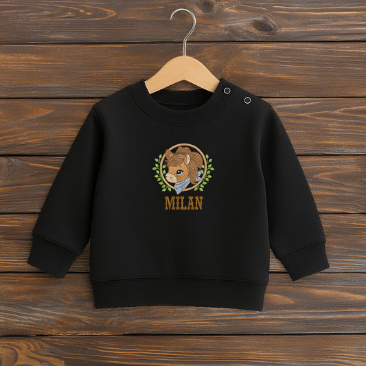 Besticktes Kinder-Sweatshirt mit individuellem Namen und Pferdemotiv, weich und gemütlich