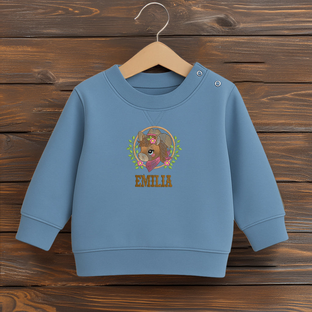 Besticktes Kinder-Sweatshirt mit individuellem Namen und Pferdemotiv, Farbe blau