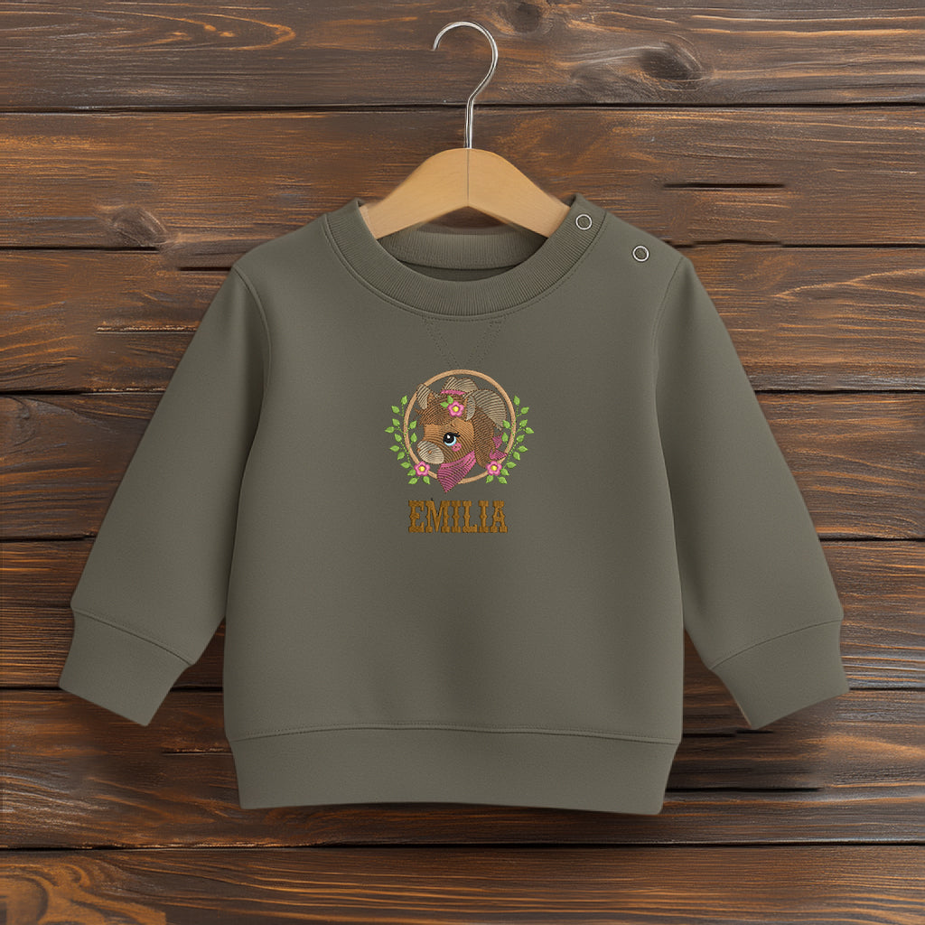 Besticktes Kinder-Sweatshirt mit individuellem Namen und Pferdemotiv, Farbe grün 