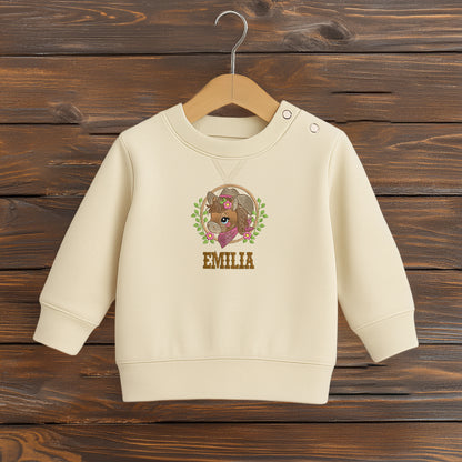 Besticktes Kinder-Sweatshirt mit individuellem Namen und Pferdemotiv, Farbe natur