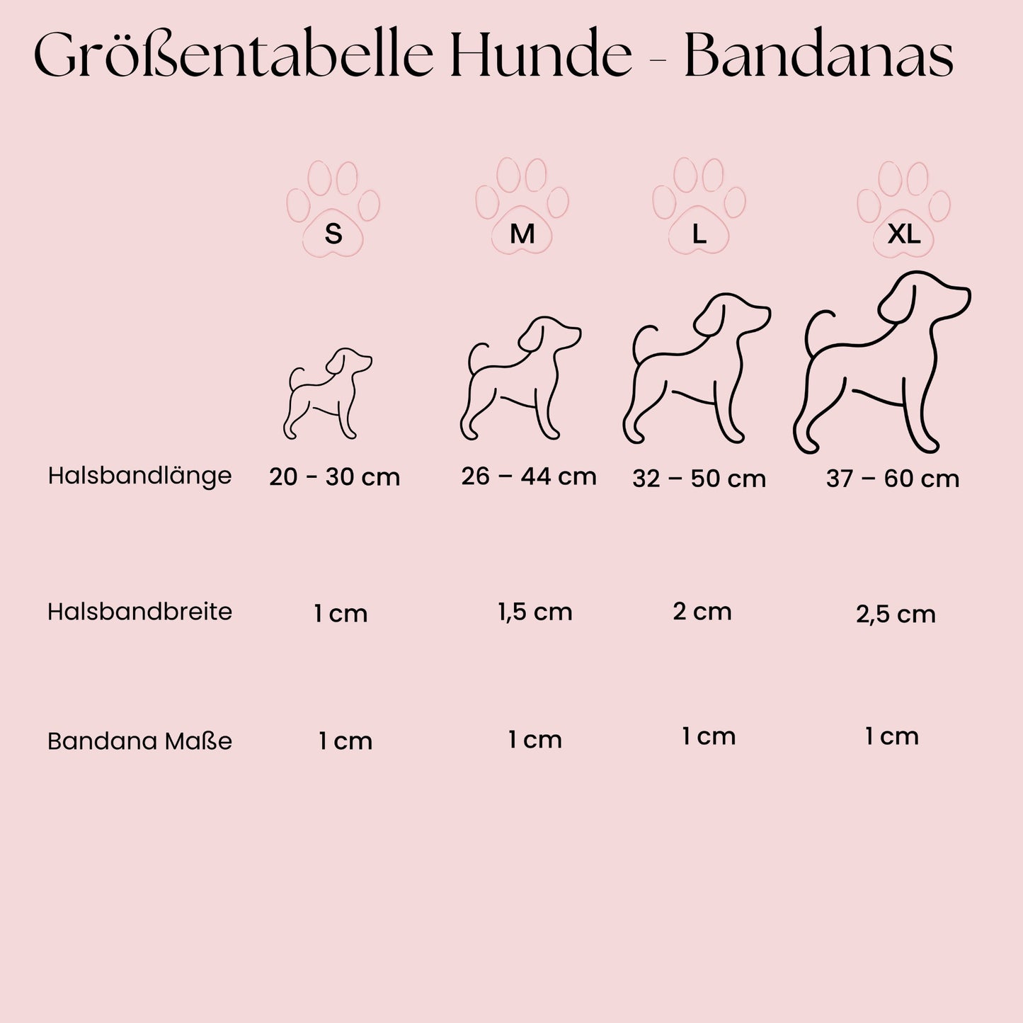 Größentabelle für Hunde-Bandana mit Halsband in S M L XL