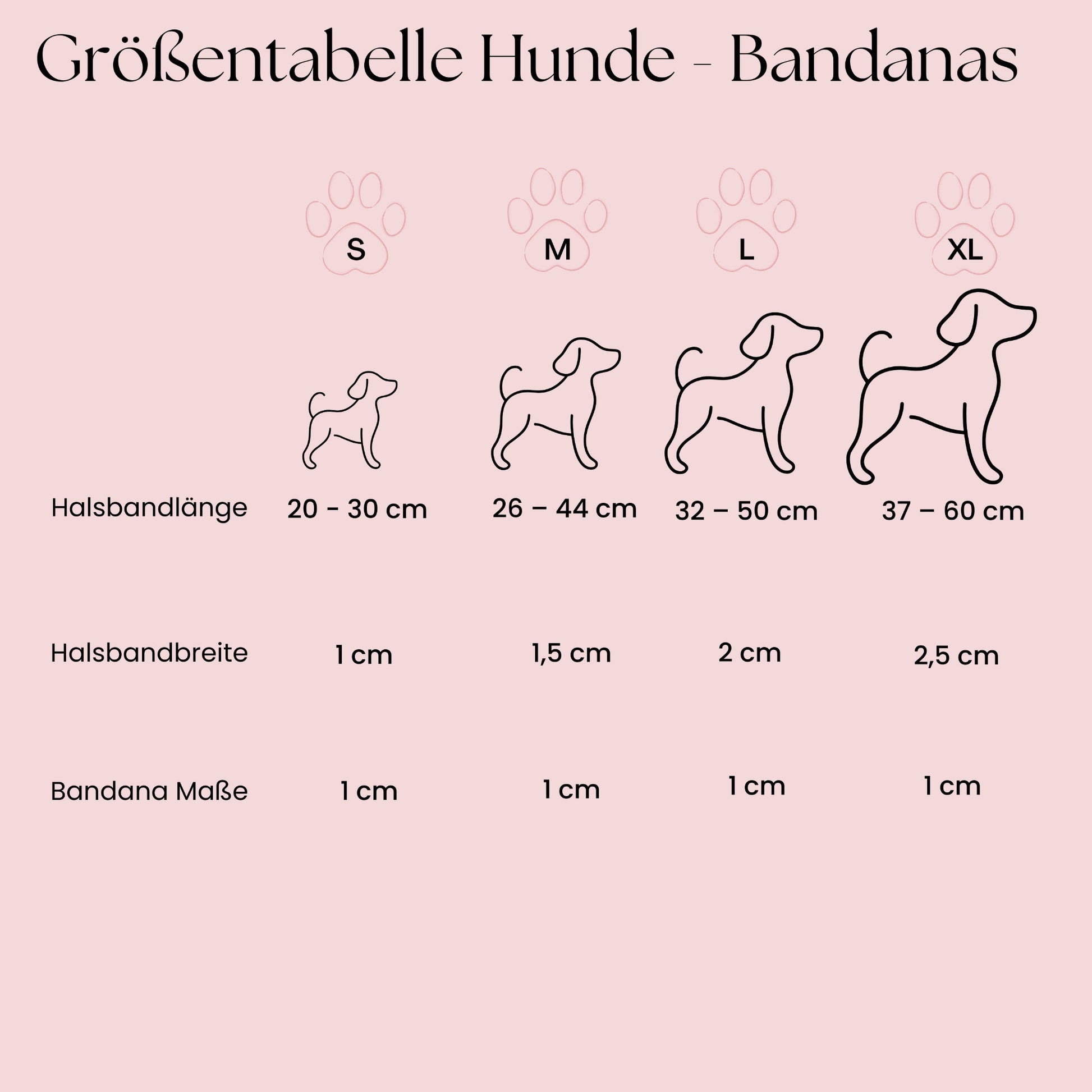 Größentabelle für Hunde-Bandana mit Halsband in S M L XL