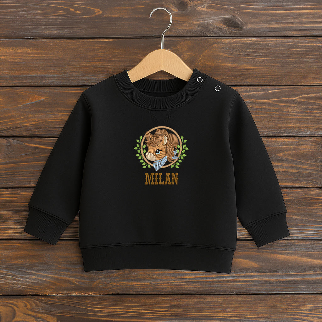 Besticktes Kinder-Sweatshirt mit individuellem Namen und Pferdemotiv, Farbe schwarz