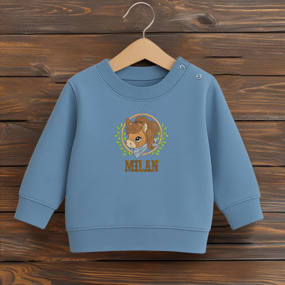 Besticktes Kinder-Sweatshirt mit individuellem Namen und Pferdemotiv, Farbe blau