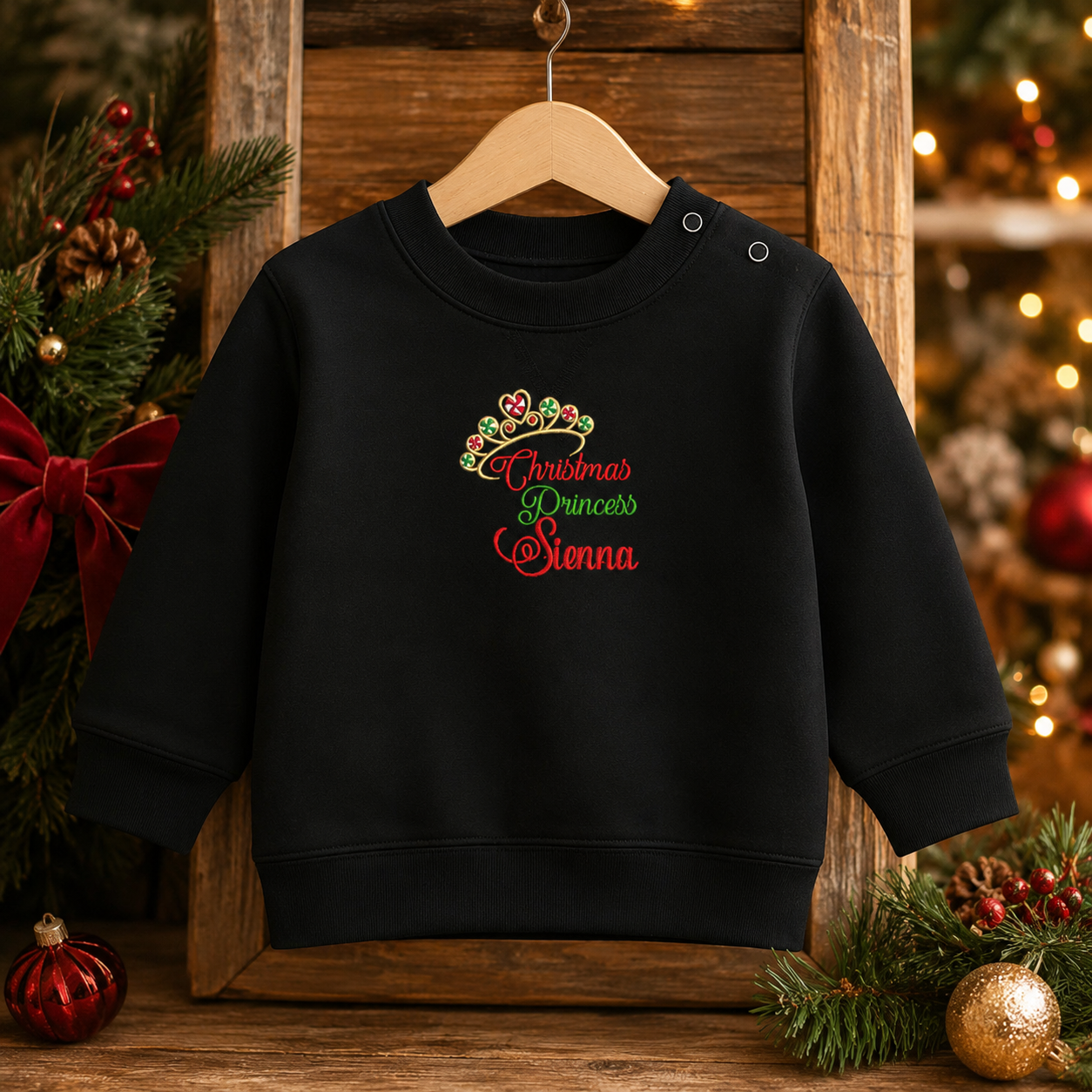 Schwarzes Kinder-Sweatshirt mit bunter Weihnachts-Stickerei ‚Christmas Princess und Krone, festliches Outfit für Mädchen, personalisiert