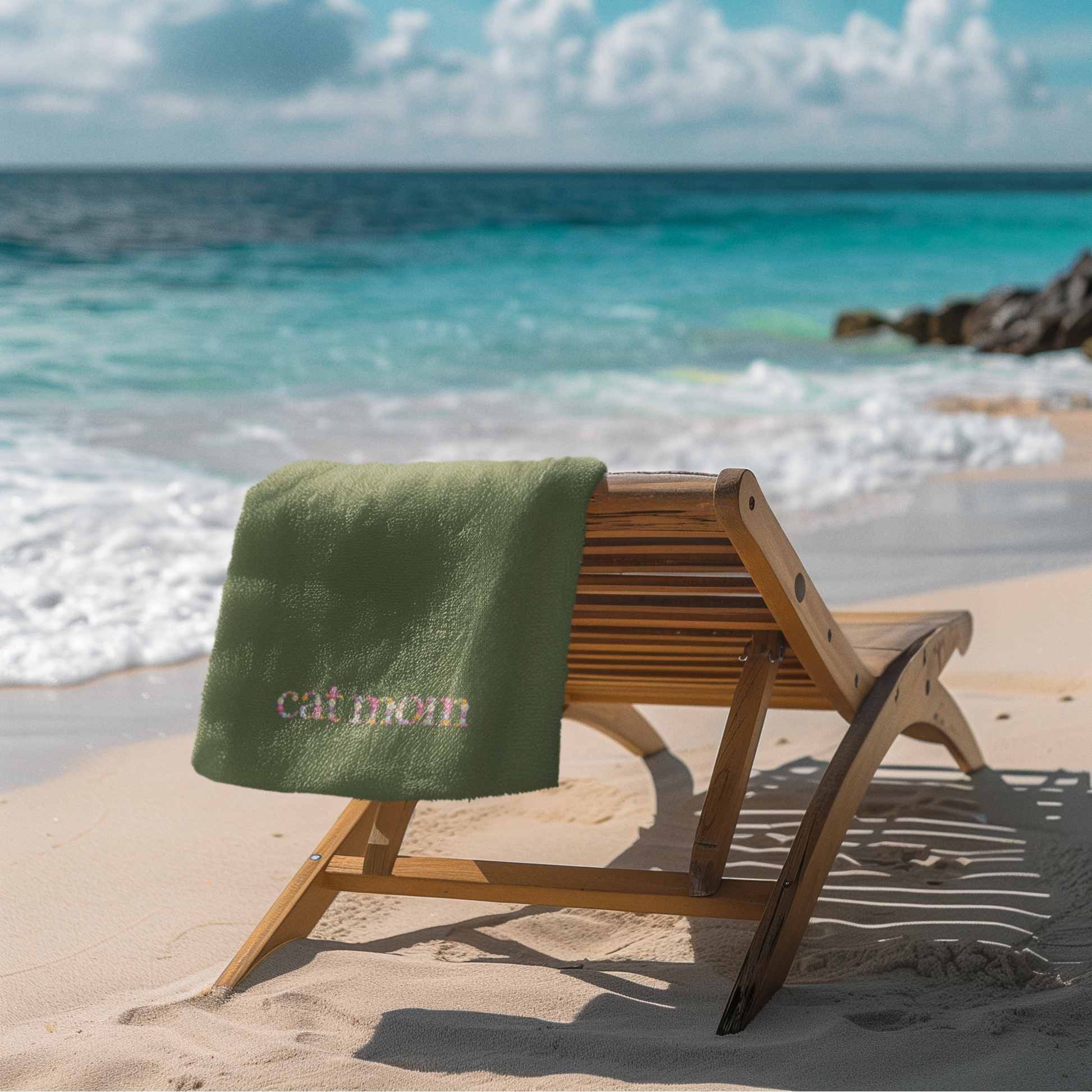 Personalisierte Cat Mom Handtuch Stickerei mit Name und floralem Schriftzug, Badetuch 70×140 cm.