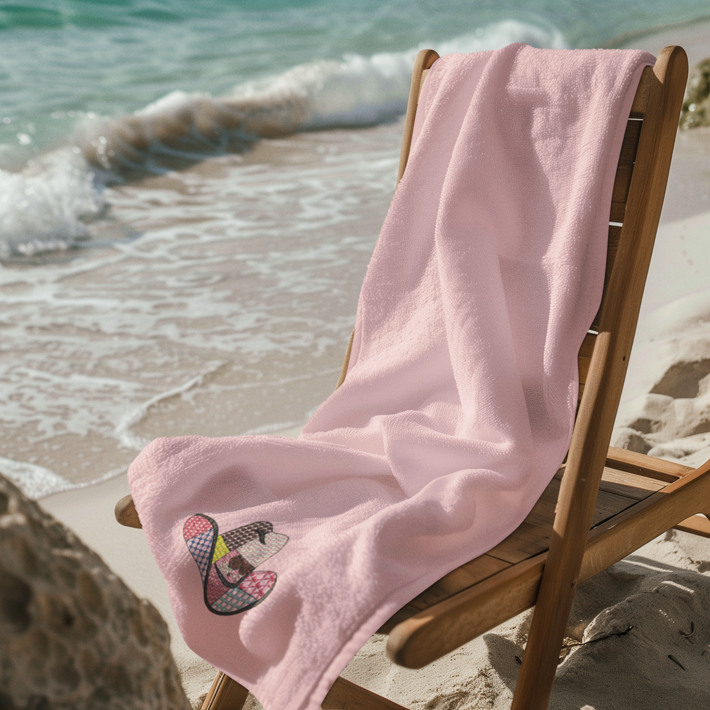 Besticktes Badetuch mit Western-Patchworkhut und personalisiertem Namen, farblich abgestimmt.