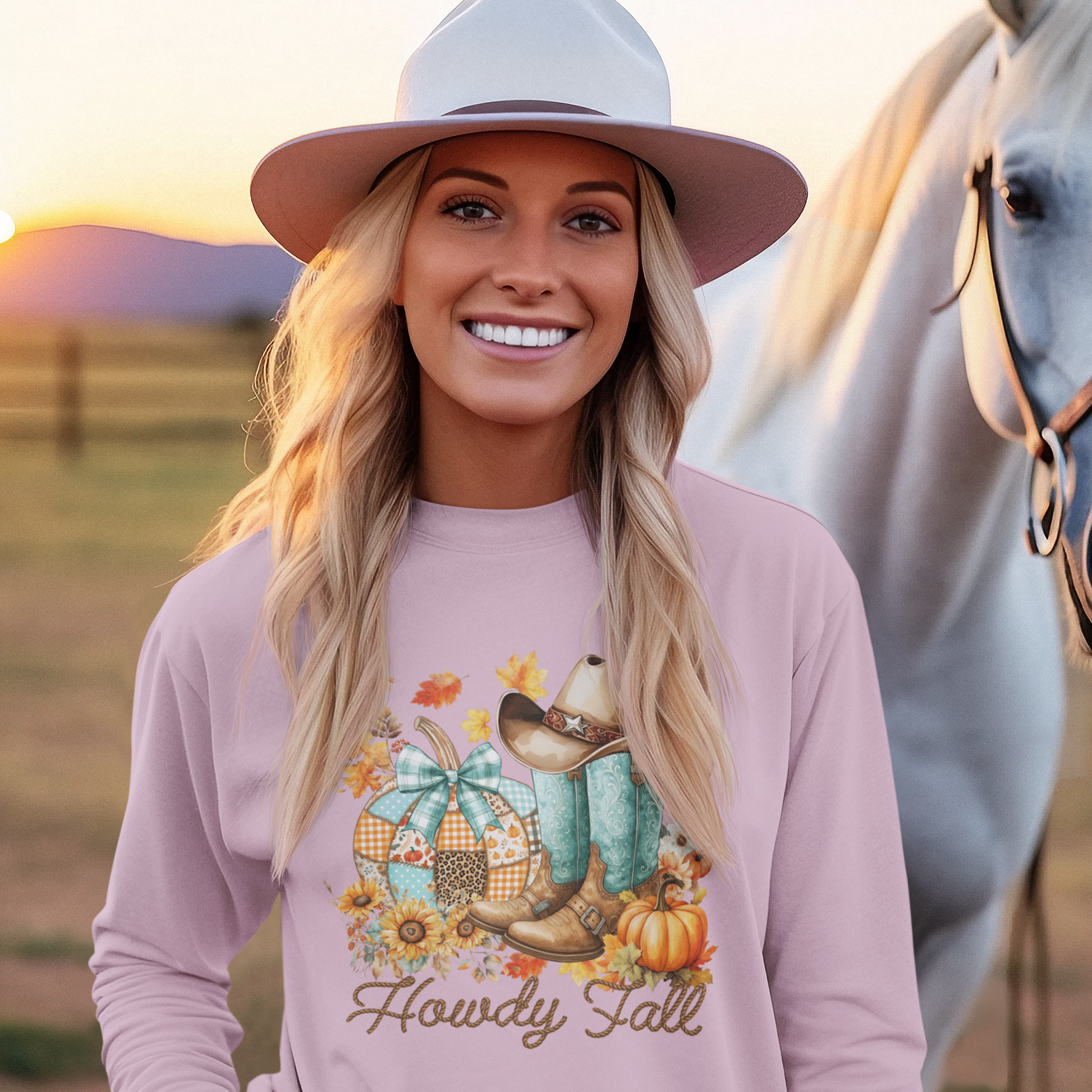 Rosa Howdy Fall Sweatshirt mit Western-Print – stylischer Cowgirl Herbstpullover