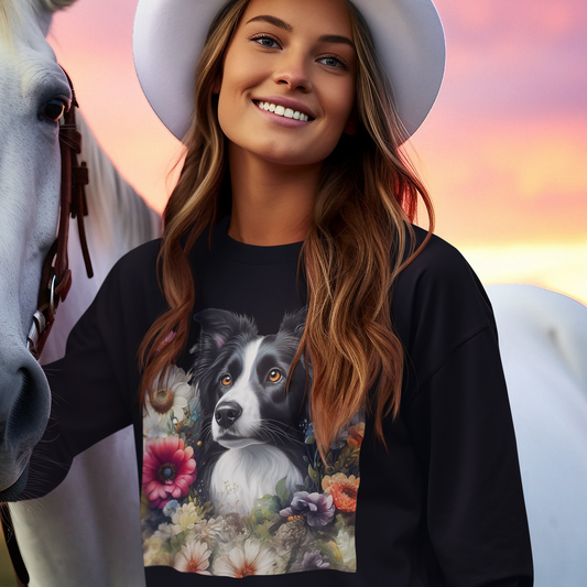 Detailansicht Border Collie Portrait mit Blumen – hochwertiger DTF-Druck auf Sweatshirt